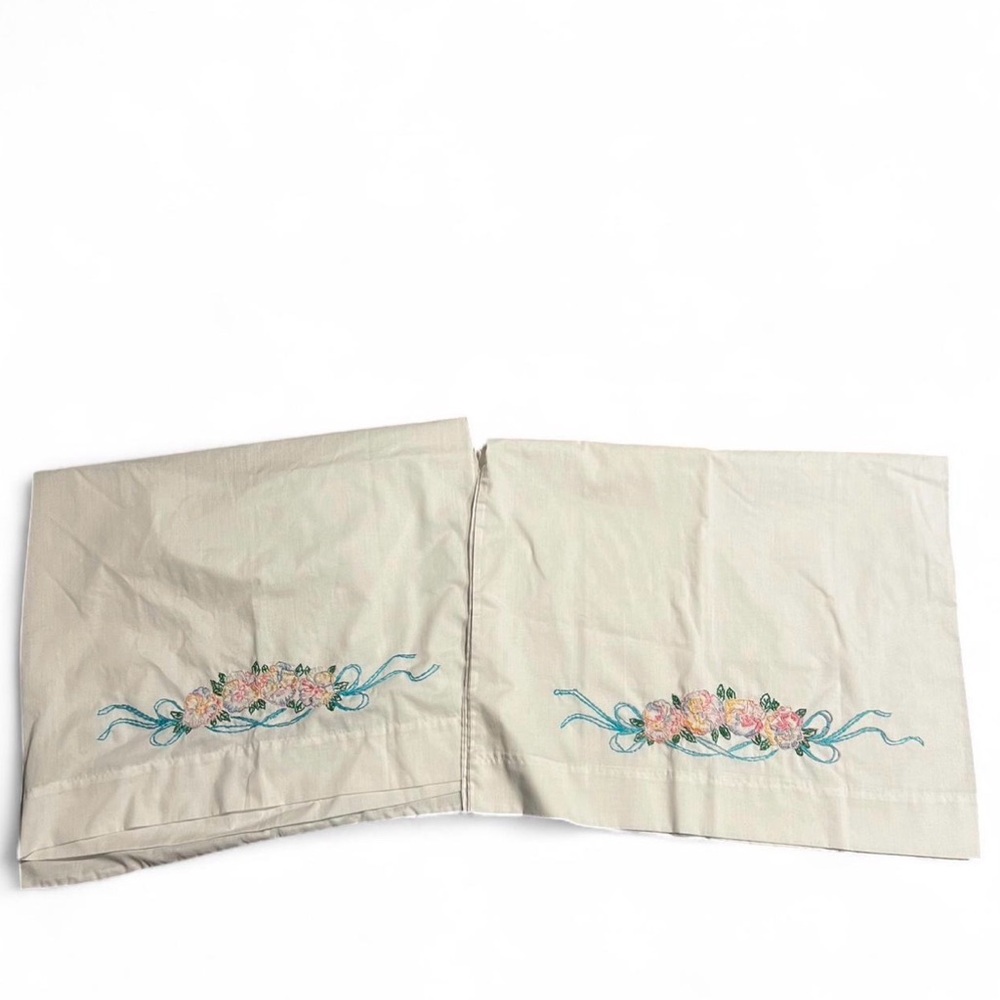 Embroidered Floral Pillowcases - Cream with Pink & Teal Accents